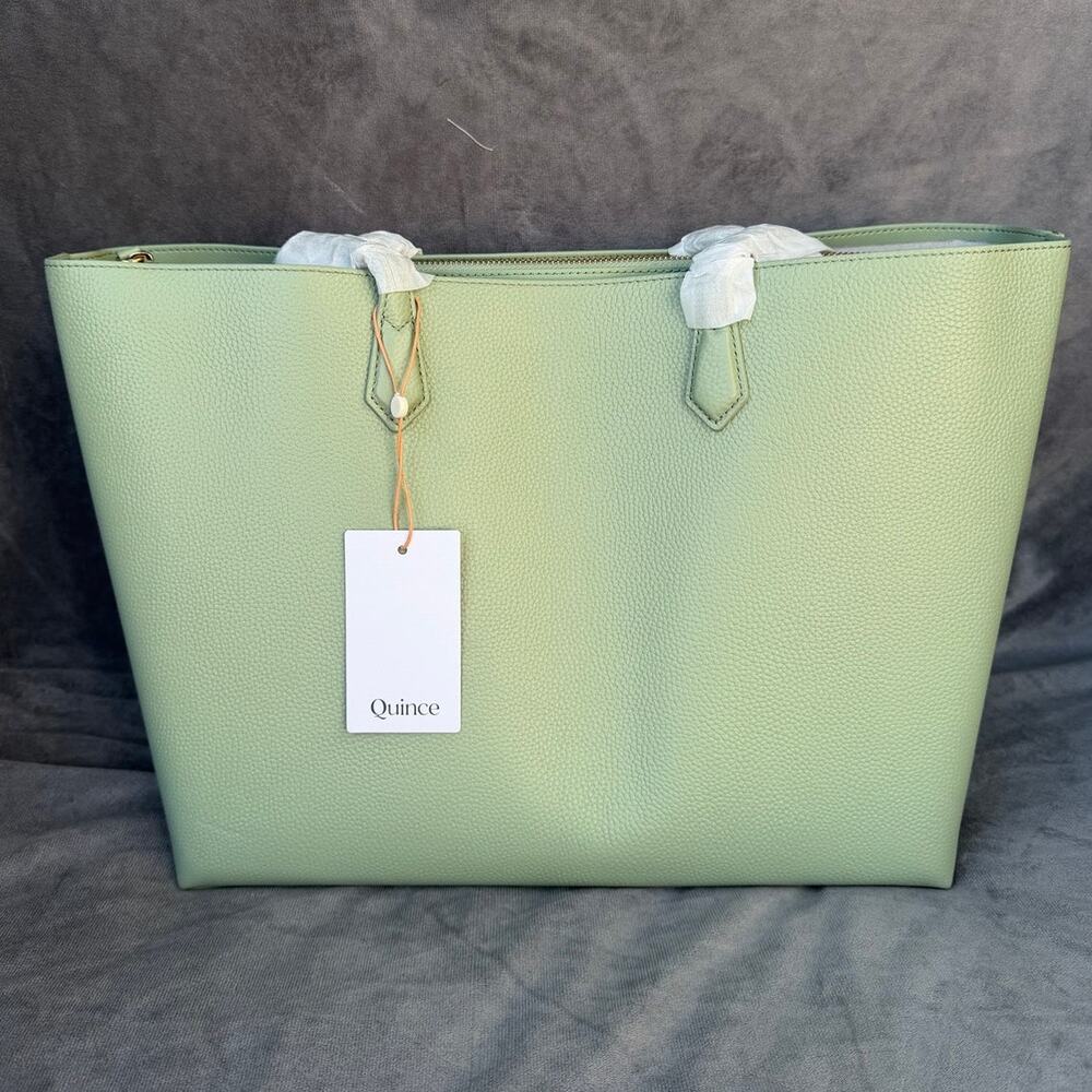 Quince Italian Leather Triple Compartment Shopper Tote Pistachio Green NWT